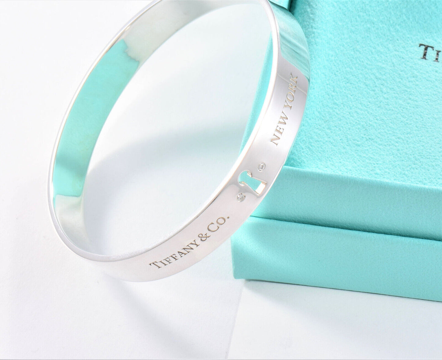 Tiffany & Co Diamond Silver Keyhole Lock Bangle Bracelet & Box Pouch Ribbon Rare