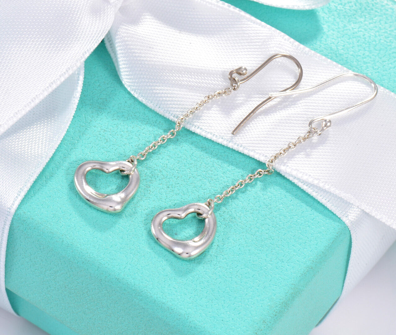 Tiffany & Co Silver Elsa Peretti Open Heart Drop Hook Earrings in Box Pouch Love