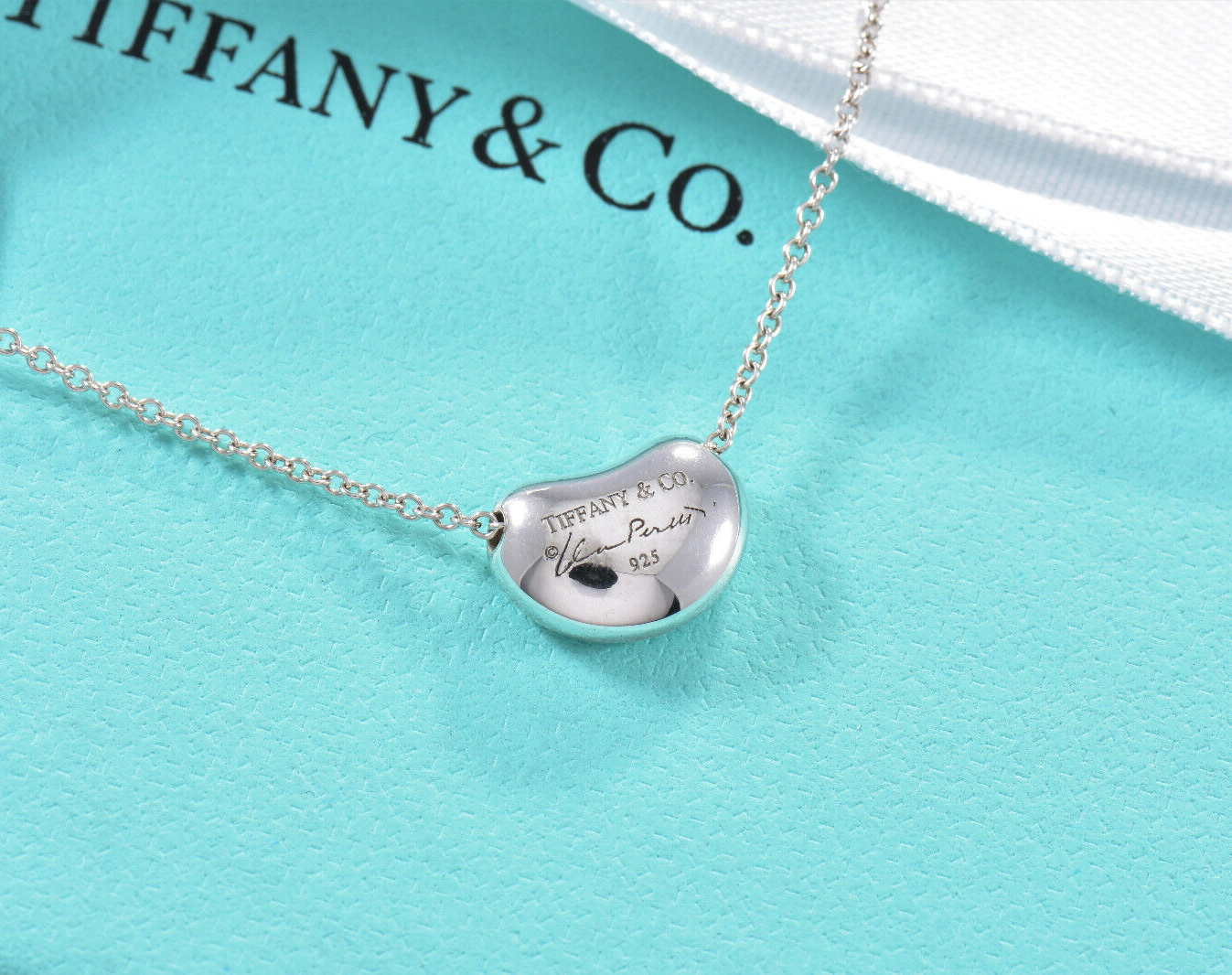 Tiffany & Co Silver Elsa Peretti 11mm Bean Pendant 16" Necklace in Pouch Lovely