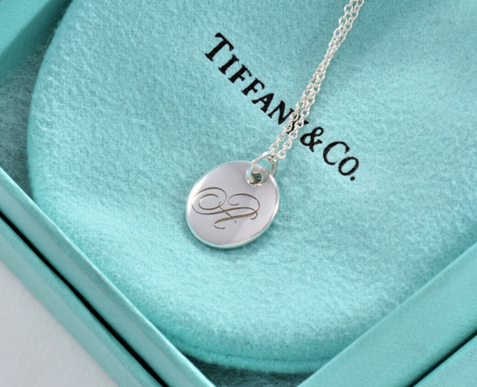 Tiffany & Co Silver Letter A Cursive Circle Pendant 17" Necklace in Box Pouch