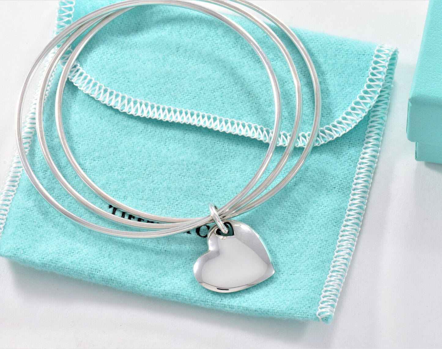 7.75" Boxed Tiffany & Co Silver Heart Stencil Charm Bracelet Wire Bangle Large