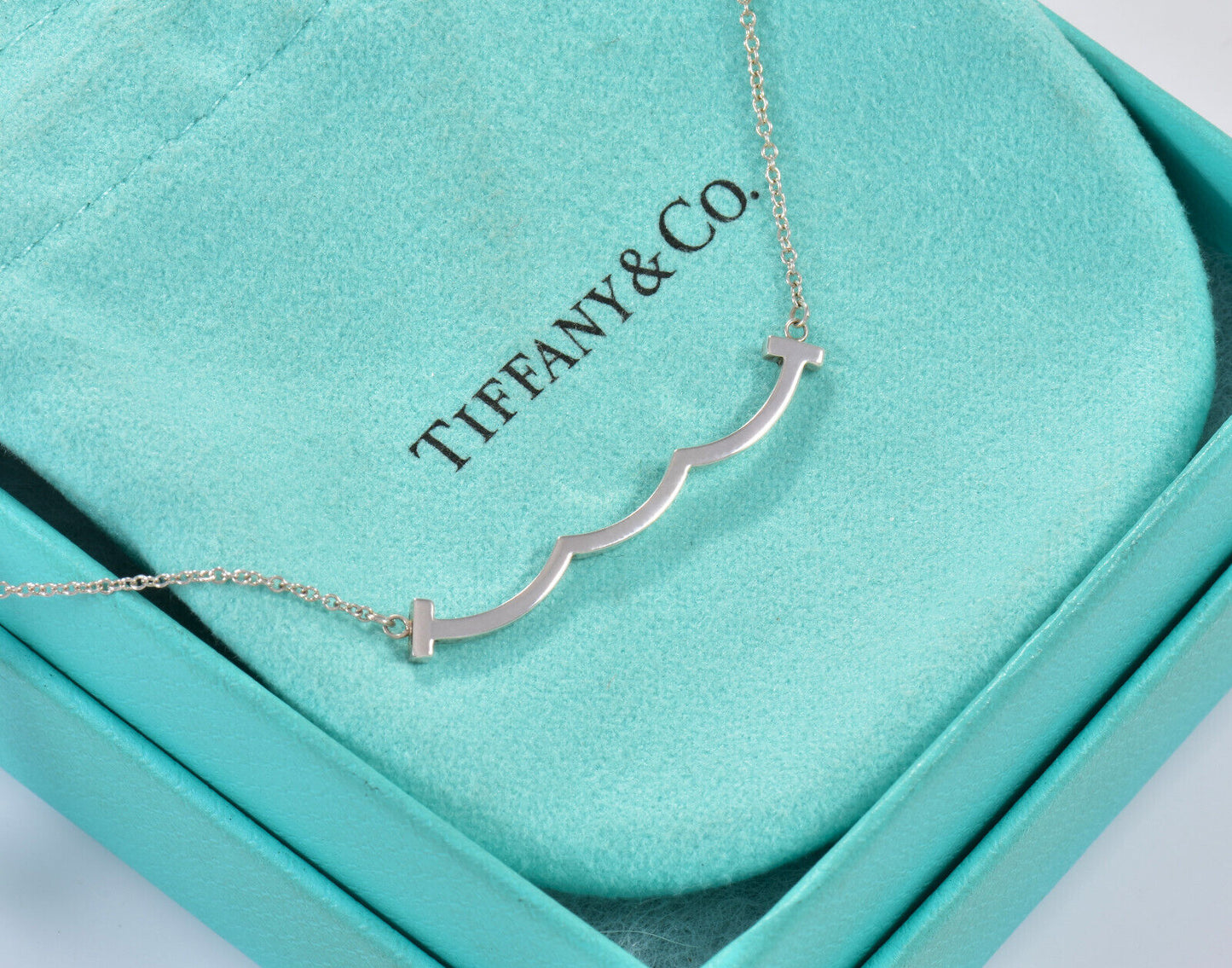 Tiffany & Co Sterling Silver T Wave Smile Pendant 16 - 18" Necklace in Box Pouch