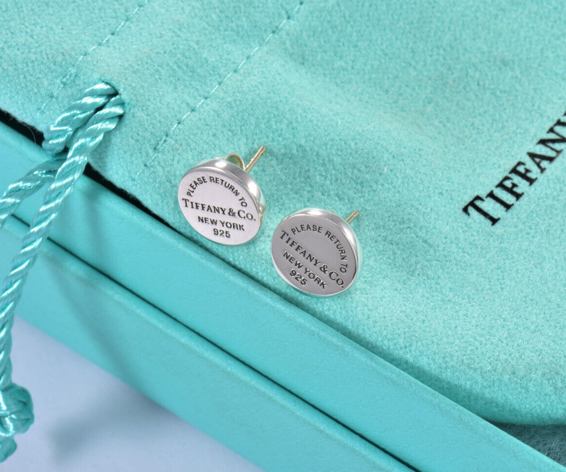 Please Return To Tiffany & Co Silver Circle Stud Earrings in Box Pouch Ribbon