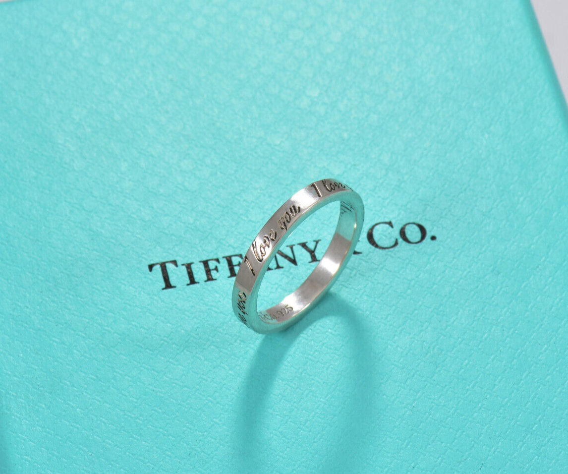 Size 6.5 Tiffany & Co Sterling Silver I Love You Notes Narrow Band Ring in Pouch