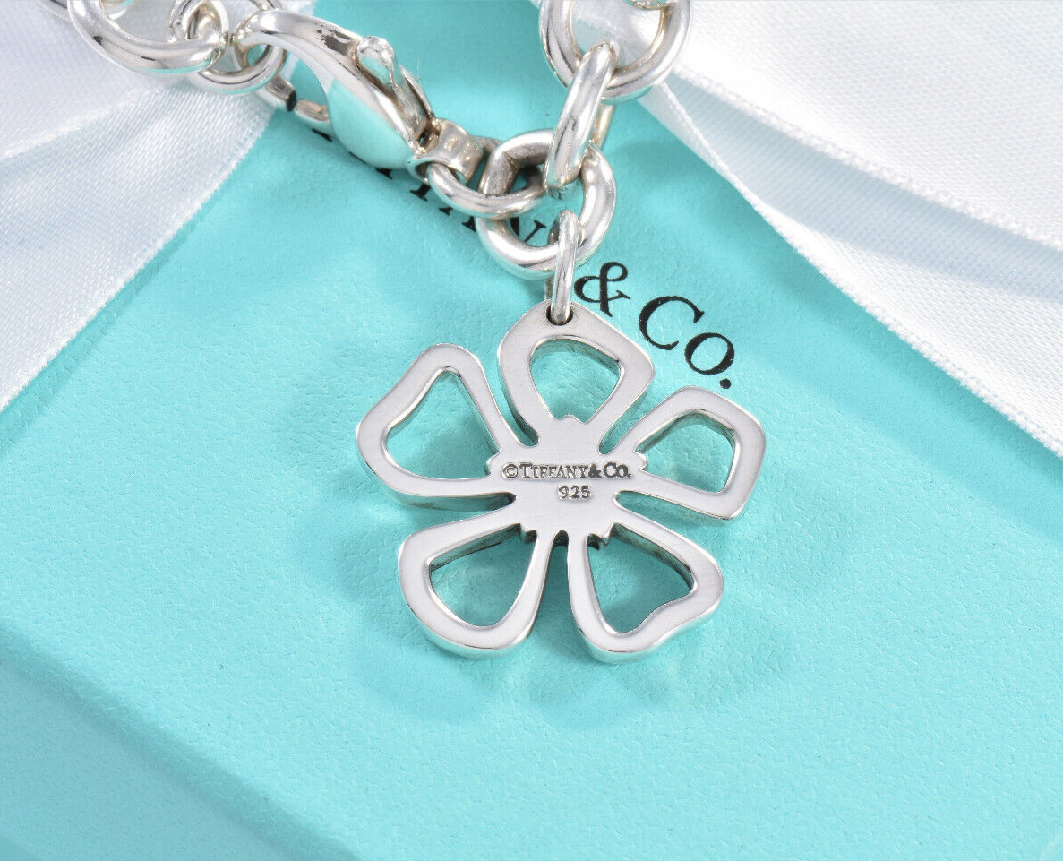 7.5" Tiffany & Co Silver Hibiscus Flower Charm Chain Link Bracelet in Box Pouch