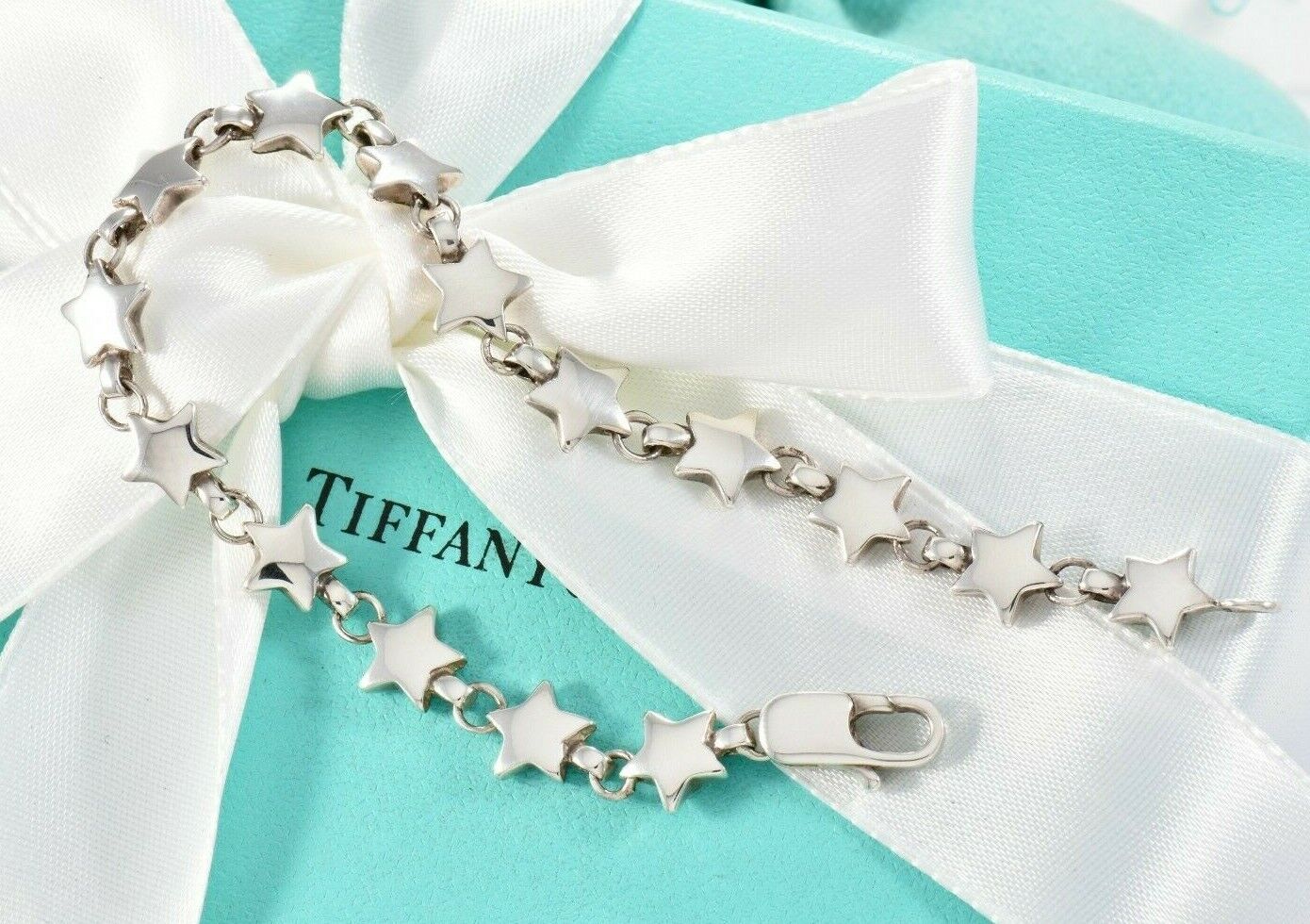 Vintage Tiffany & Co Sterling Silver Star Chain Link Bracelet with Pouch Rare