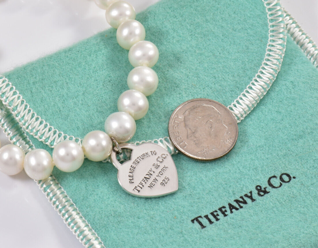 7.5" Please Return Tiffany & Co Silver Heart Charm 8mm Pearl Bead Bracelet Boxed