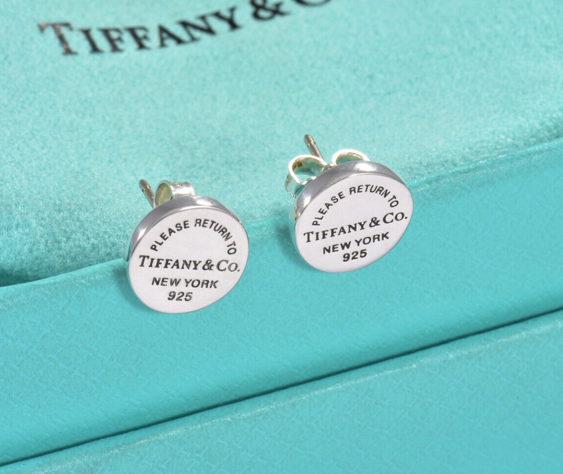 Please Return To Tiffany & Co Silver Circle Stud Earrings in Box Pouch Ribbon