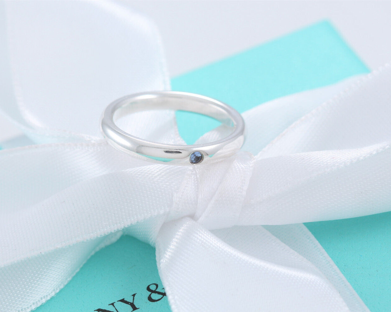 Size 5 Tiffany & Co Silver Elsa Peretti Blue Sapphire Stack Ring in Box Pouch