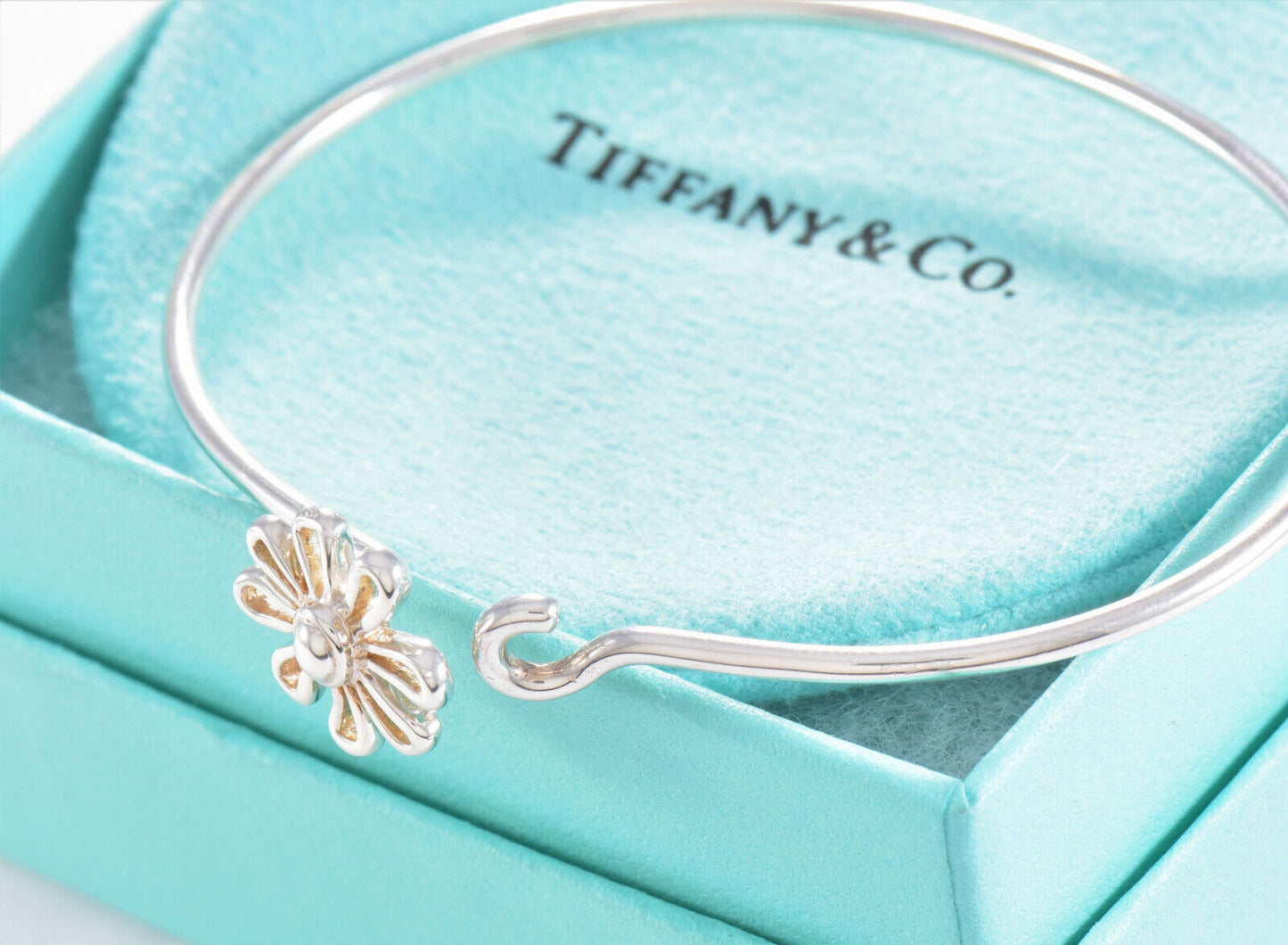 Boxed Tiffany & Co Silver Paloma Picasso Daisy Flower Charm Hook Bracelet Bangle