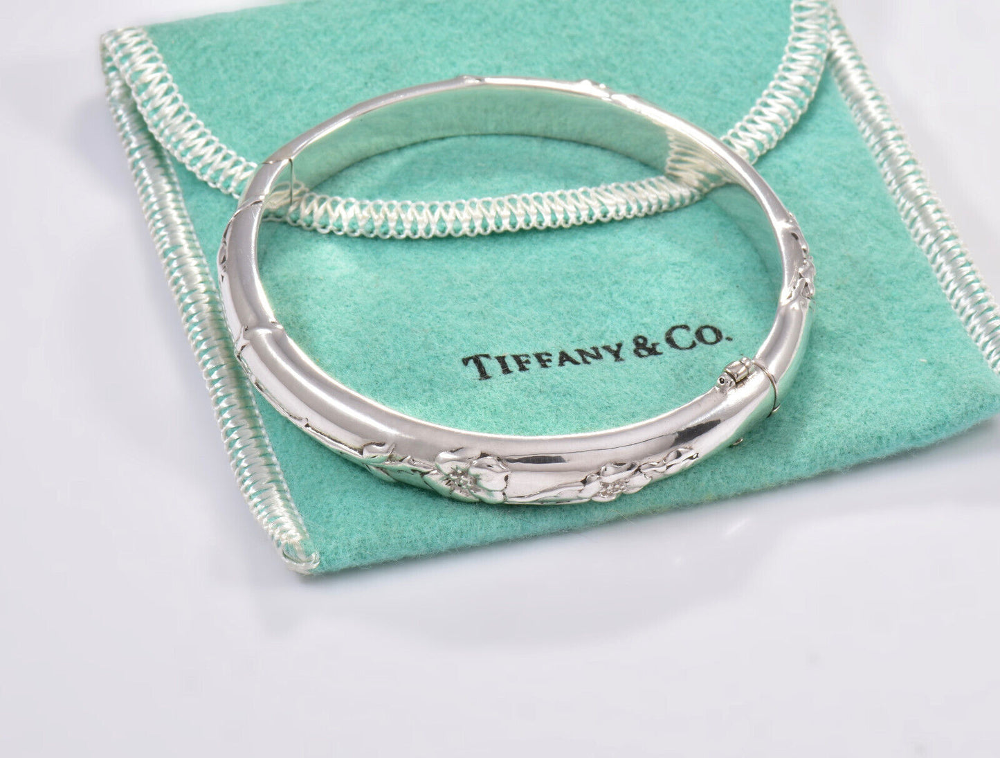 Tiffany & Co Silver Rose Flower Bangle Hinged Bracelet in Box Pouch Ribbon Rare