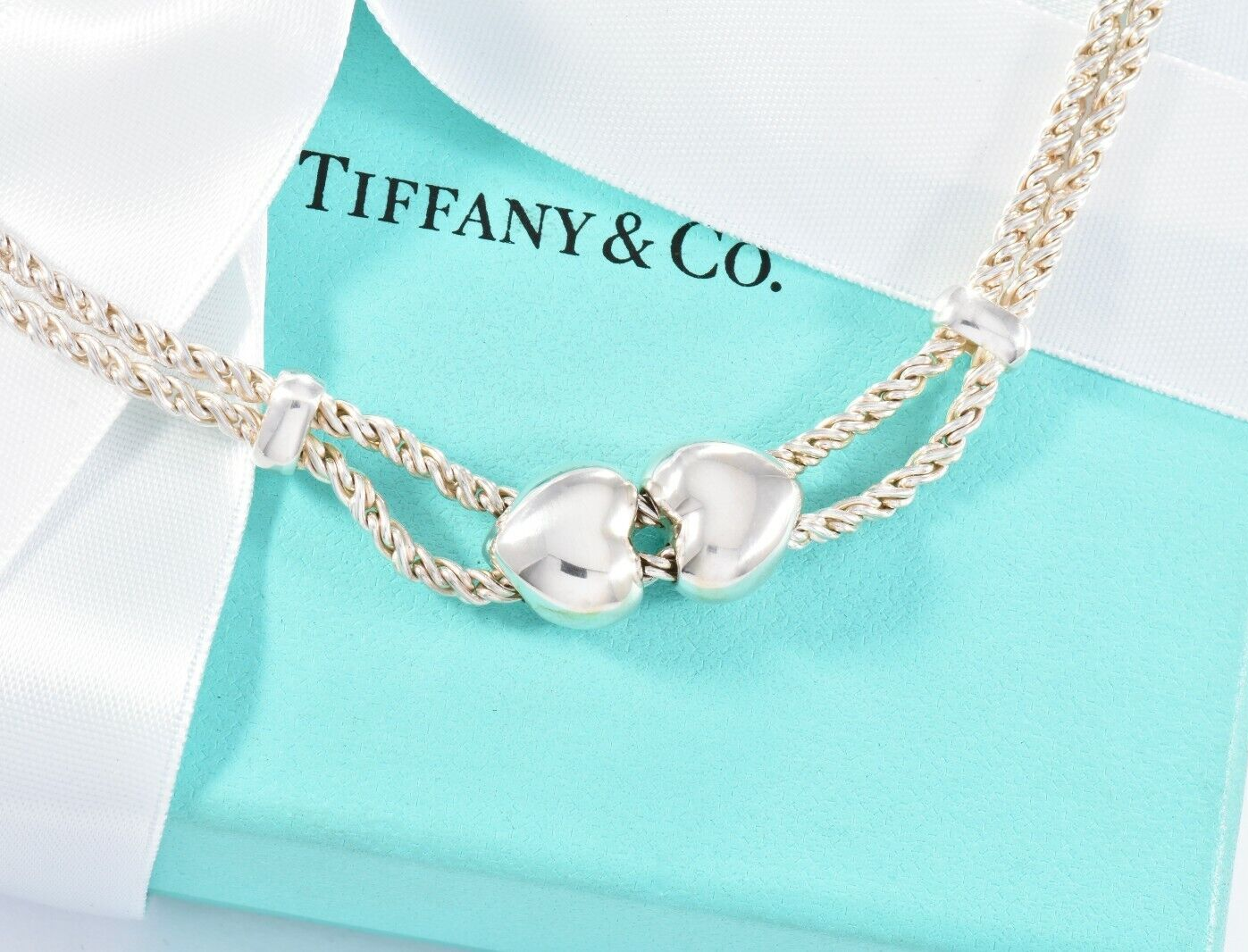 Tiffany & Co Italy Silver Double Heart Rope Chain Necklace 16.5" Chain in Pouch