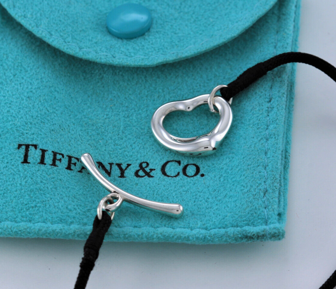 7.25" Tiffany & Co Silver Elsa Peretti Open Heart Silk Toggle Bracelet Box Pouch