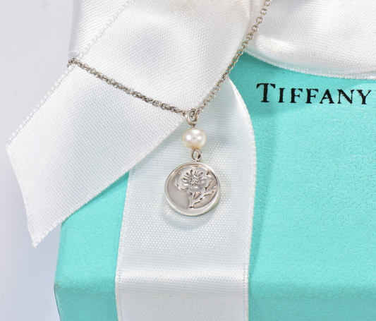 Tiffany & Co Sterling Silver Pearl Rose Flower Drop Pendant Necklace & Box Pouch