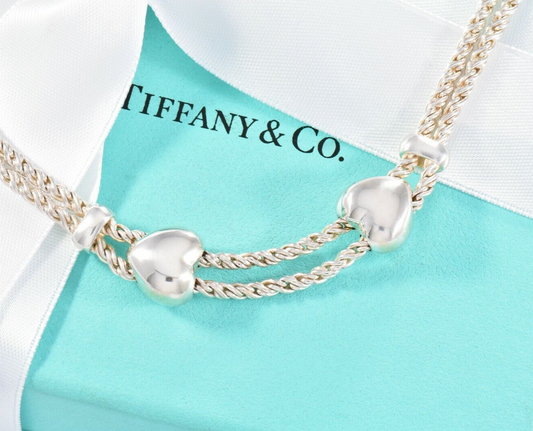 Tiffany & Co Italy Silver Double Heart Rope Chain Necklace 16.5" Chain in Pouch