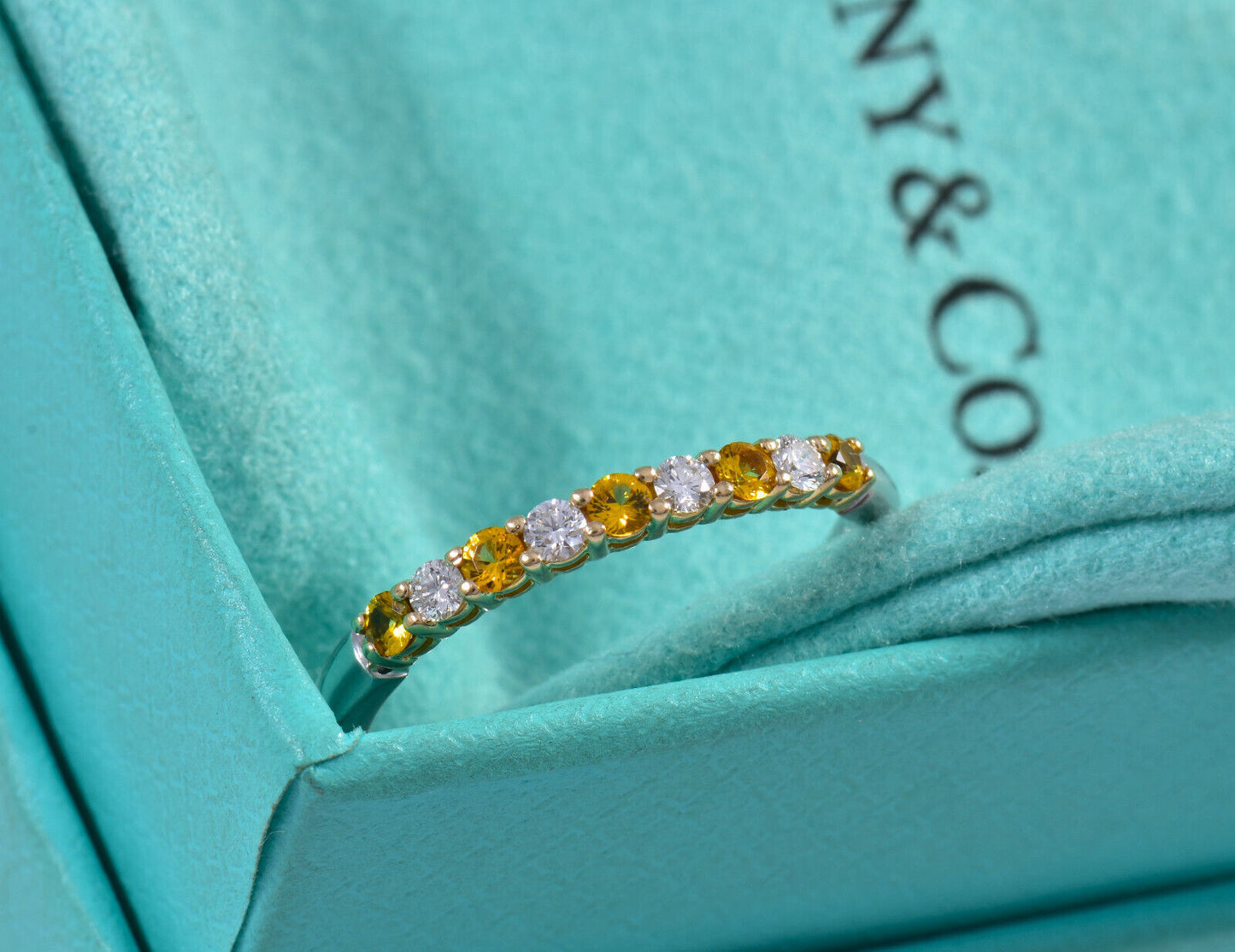 Tiffany & Co Diamond Gold Yellow Sapphire Platinum Band Size 7 Ring in Box Pouch