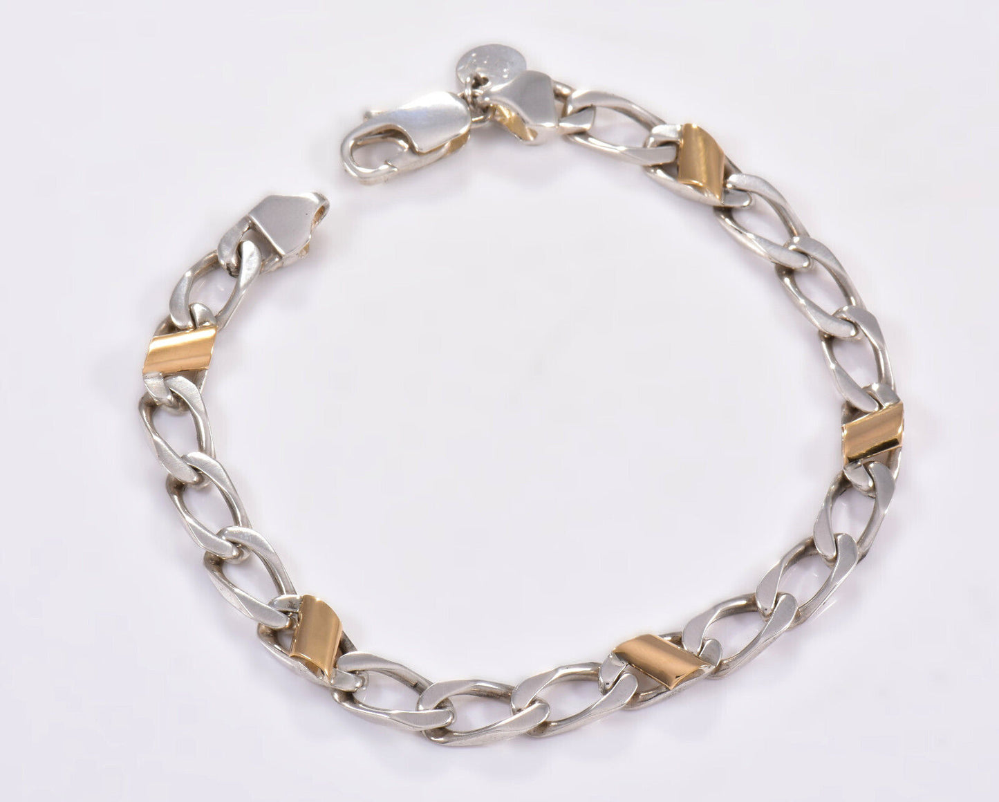 7.5" Tiffany & Co Sterling Silver 18K Gold Figaro Bracelet in Pouch Cuban Link