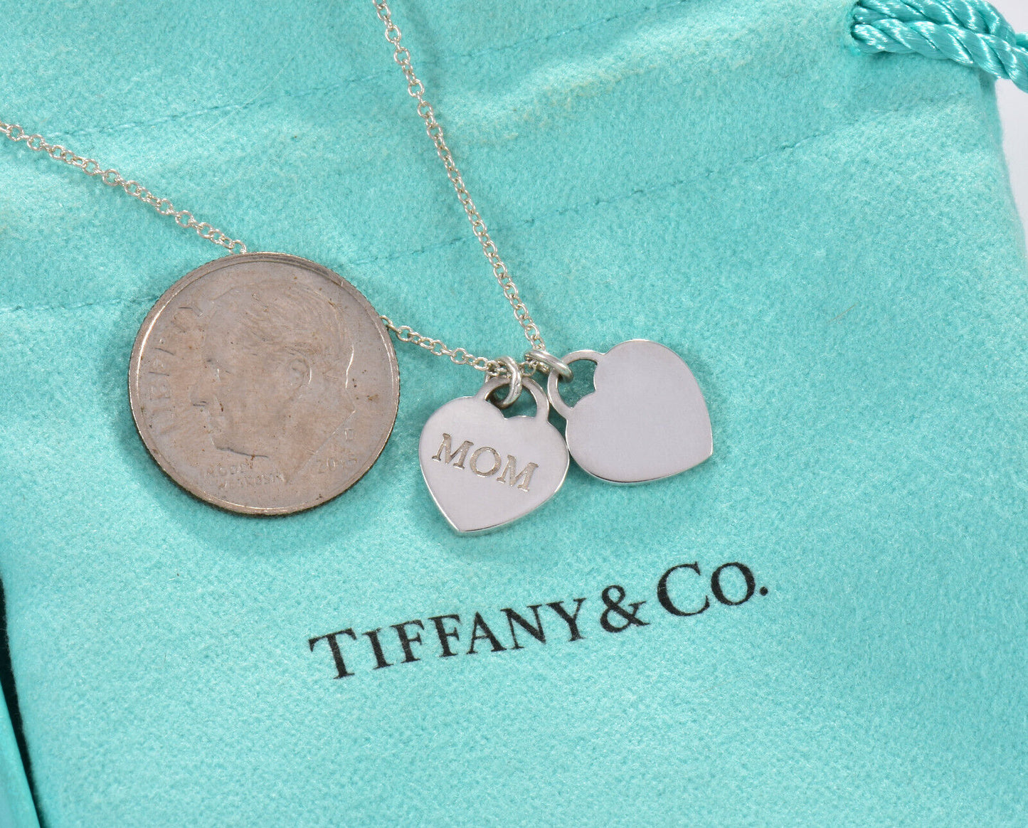 Tiffany & Co Silver "Mom" Mini Double Heart Pendant 19" Necklace in Box Pouch