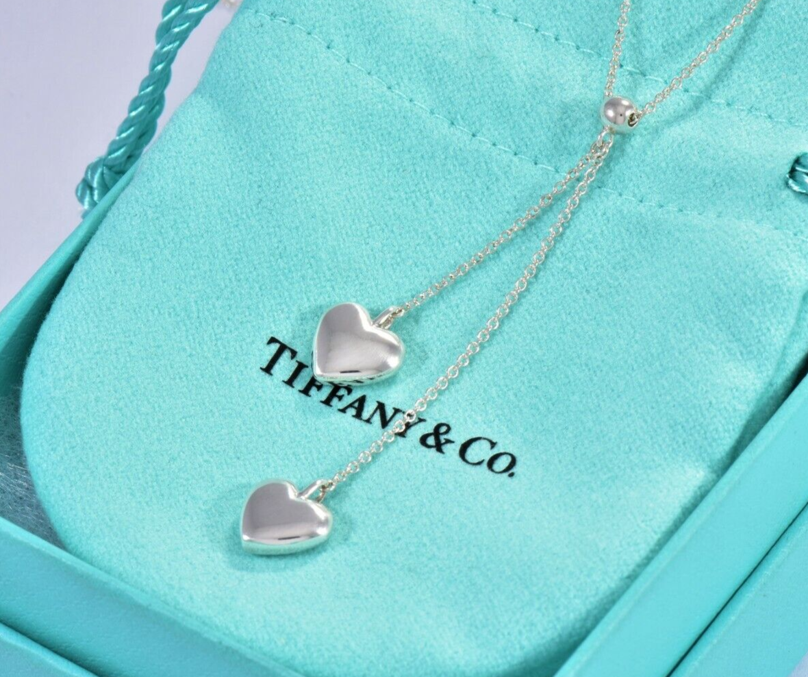 Tiffany & Co Silver Double Puff Heart Bead Drop Pendant Necklace in Pouch Dangle