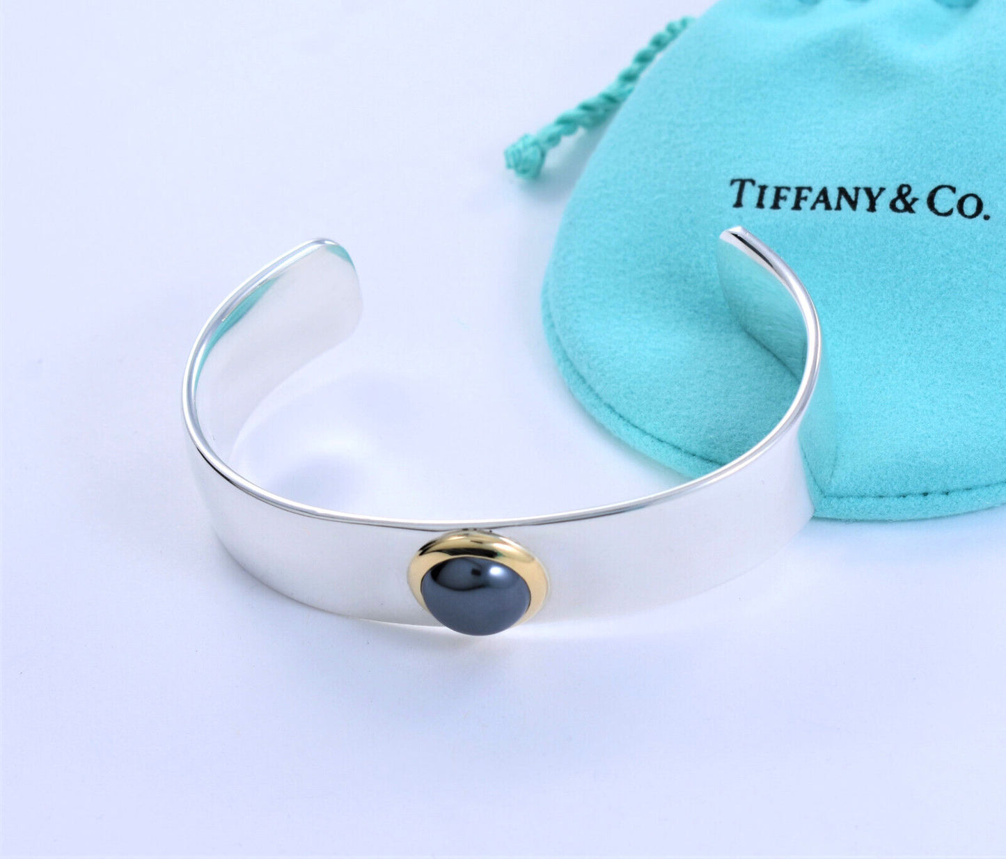 Vintage Tiffany & Co 18K Gold Silver Hematite Cuff Bracelet in Box Pouch Ribbon