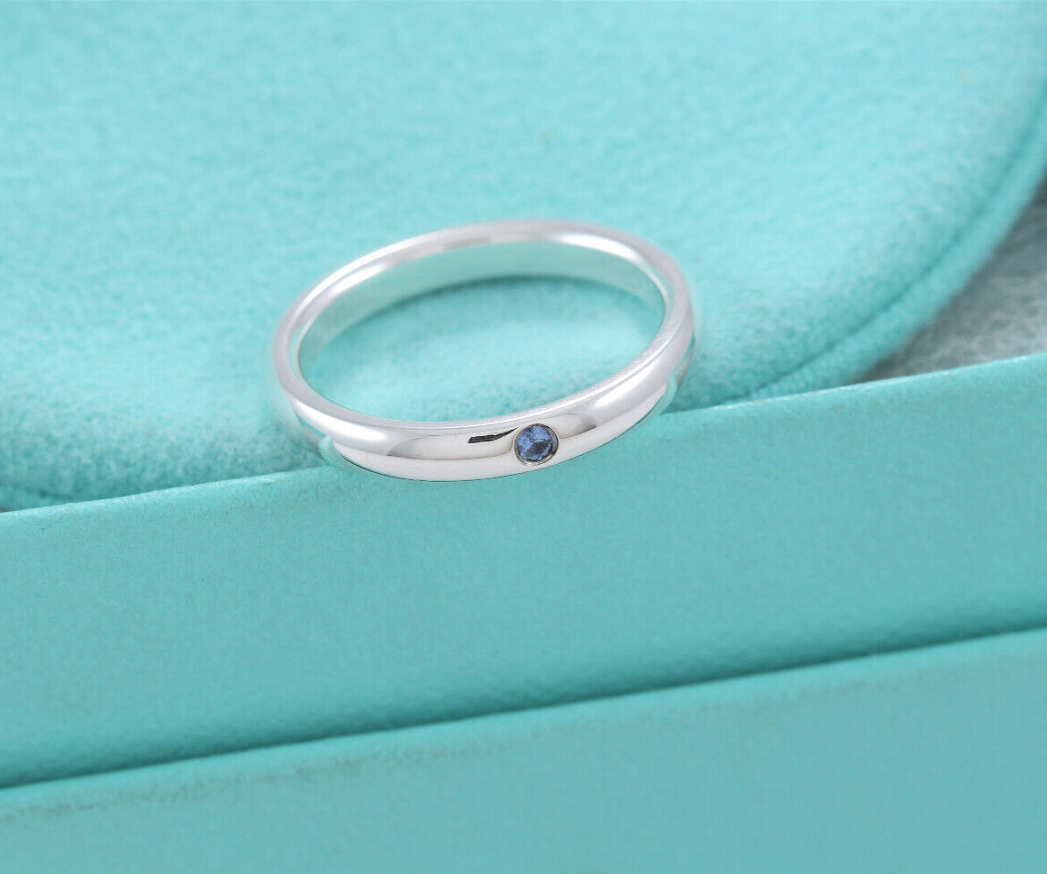 Size 5 Tiffany & Co Silver Elsa Peretti Blue Sapphire Stack Ring in Box Pouch