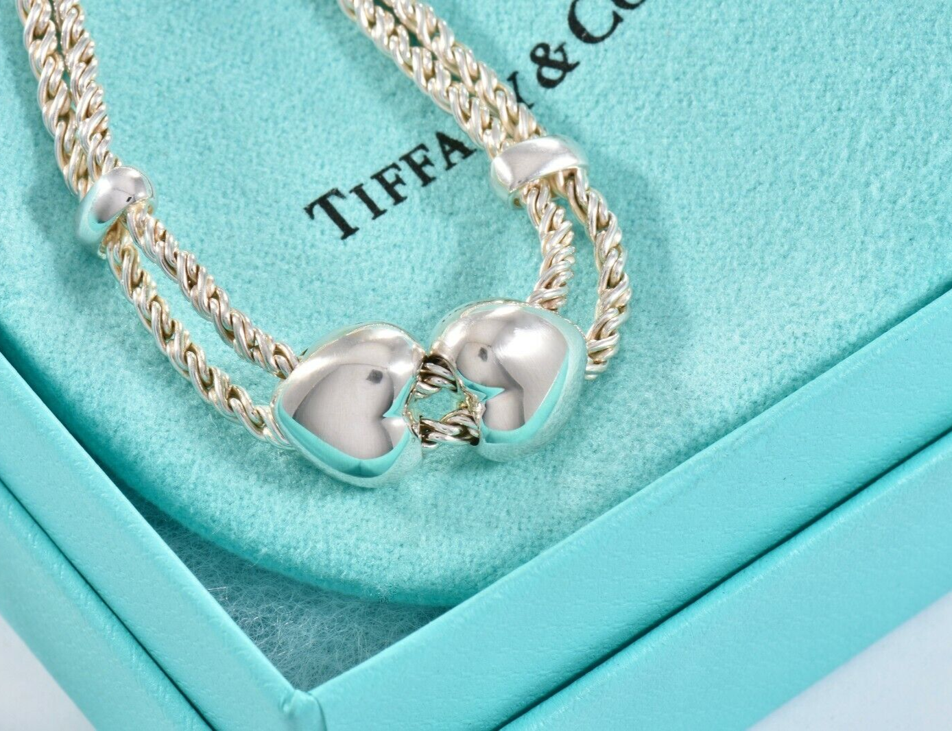 Tiffany & Co Italy Silver Double Heart Rope Chain Necklace 16.5" Chain in Pouch