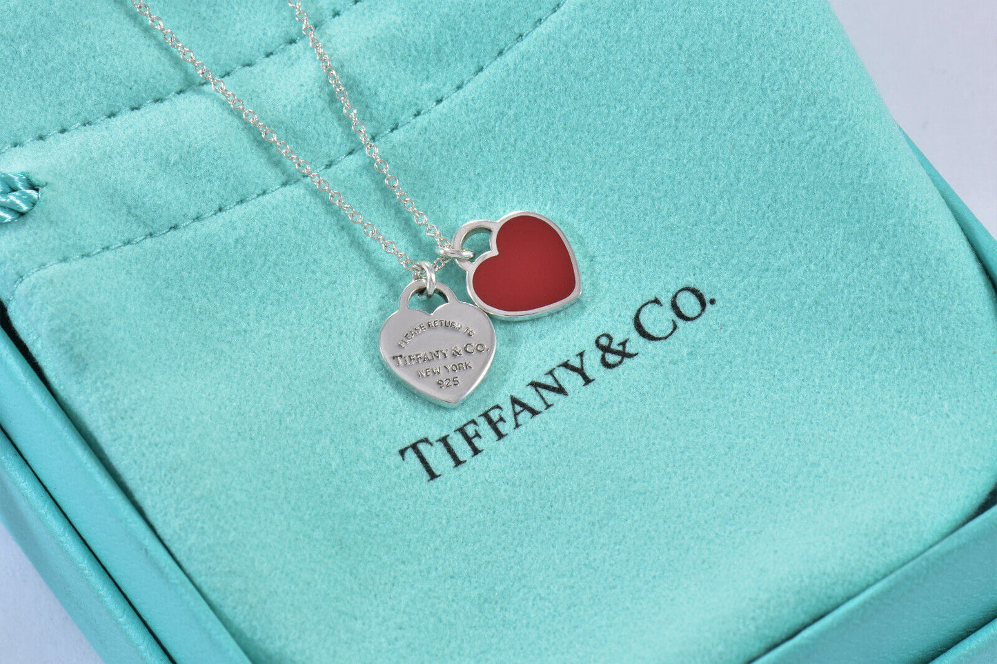 18.5" Please Return Tiffany & Co Silver Mini Double Heart Red Enamel Necklace