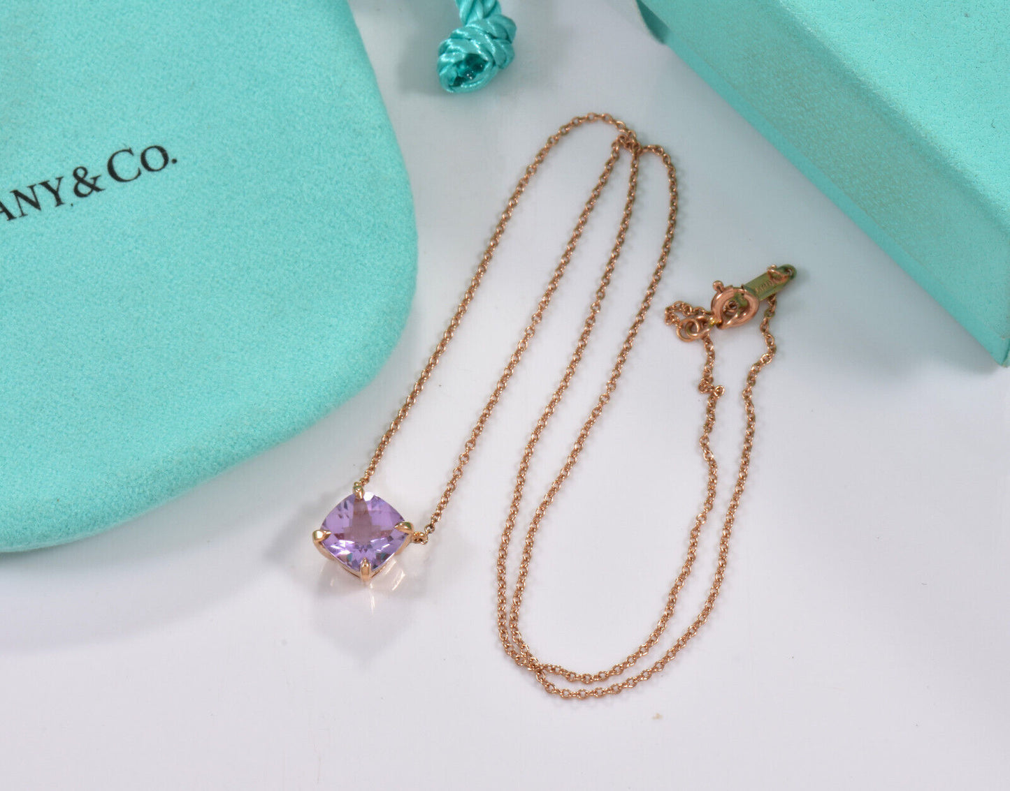 Tiffany & Co 18K Rose Gold Amethyst Square Sparkler Pendant 16" Necklace in Box