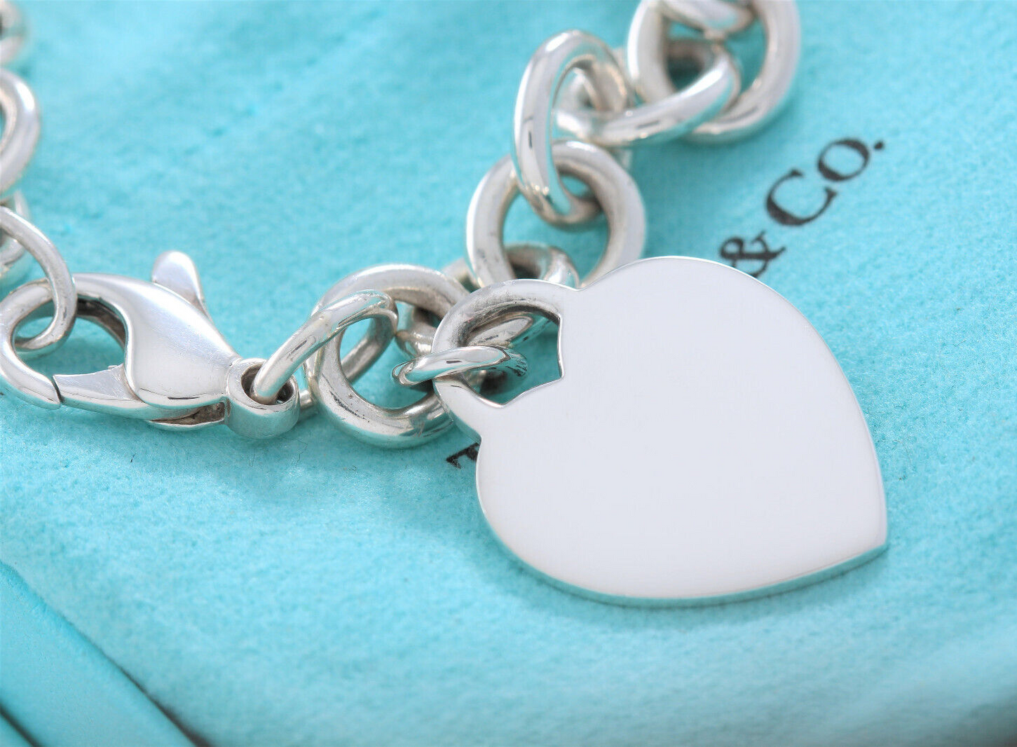 7.5" Tiffany & Co Silver Blank Engraveable Heart Tag Charm Bracelet Chain Link