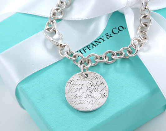 8.2" Tiffany & Co Silver NY Round Wavy Address Notes Tag Charm Chain Bracelet XL