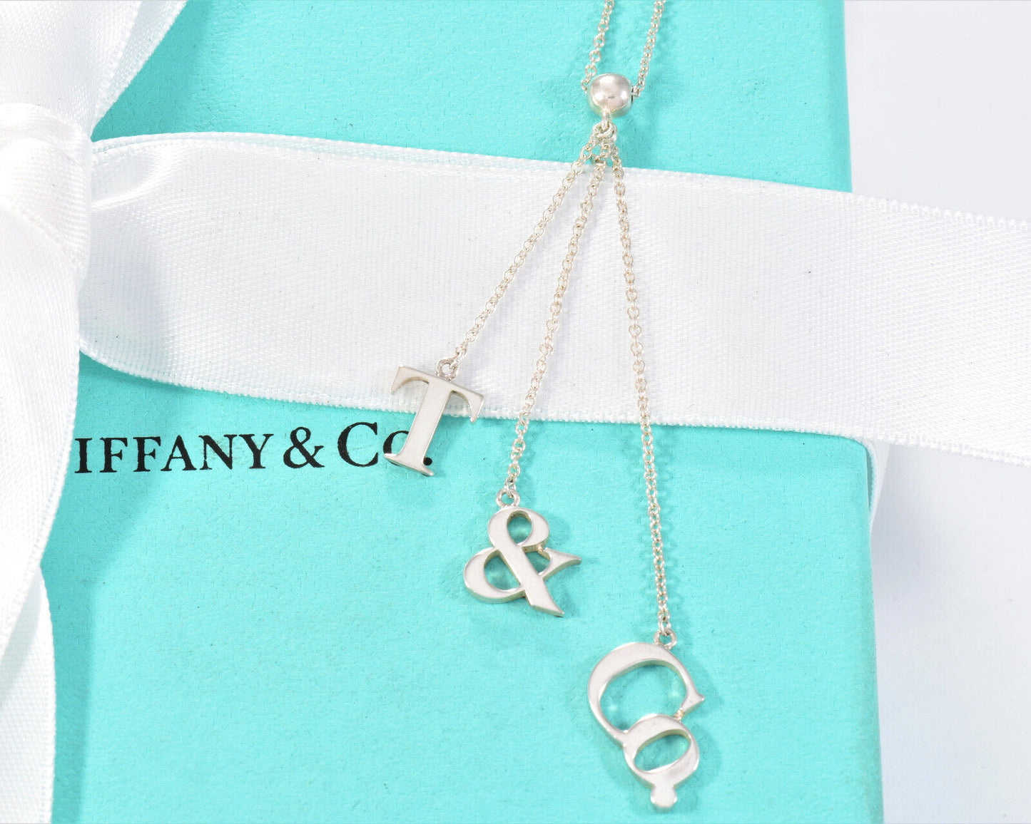 Tiffany & Co Silver T Bead Drop Dangle Pendant 16.5" Necklace & Box Pouch Ribbon