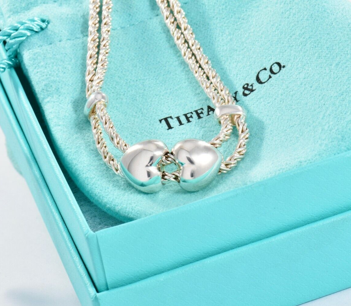 Tiffany & Co Italy Silver Double Heart Rope Chain Necklace 16.5" Chain in Pouch