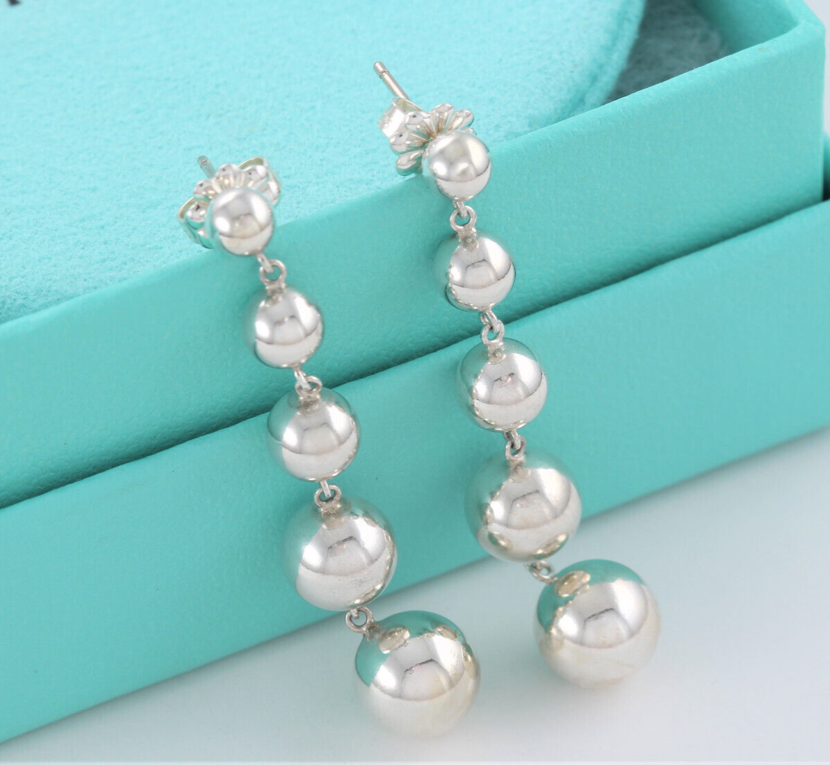 Tiffany & Co Silver Graduated Bead Ball Drop Earrings in Box Pouch Dangle Rare