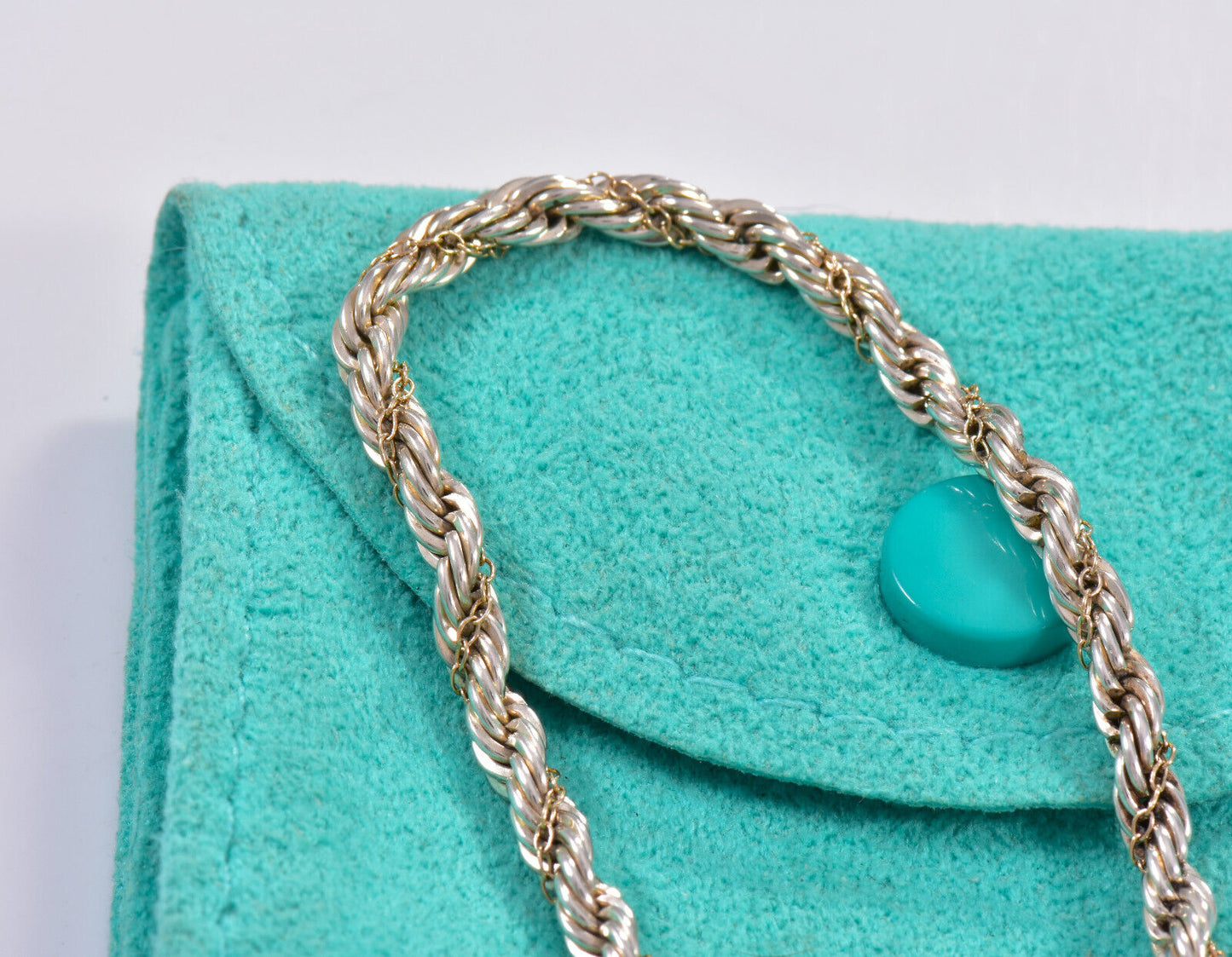 7.5" Vintage Tiffany & Co Silver Gold Thin 3.5mm Rope Chain Bracelet in Pouch