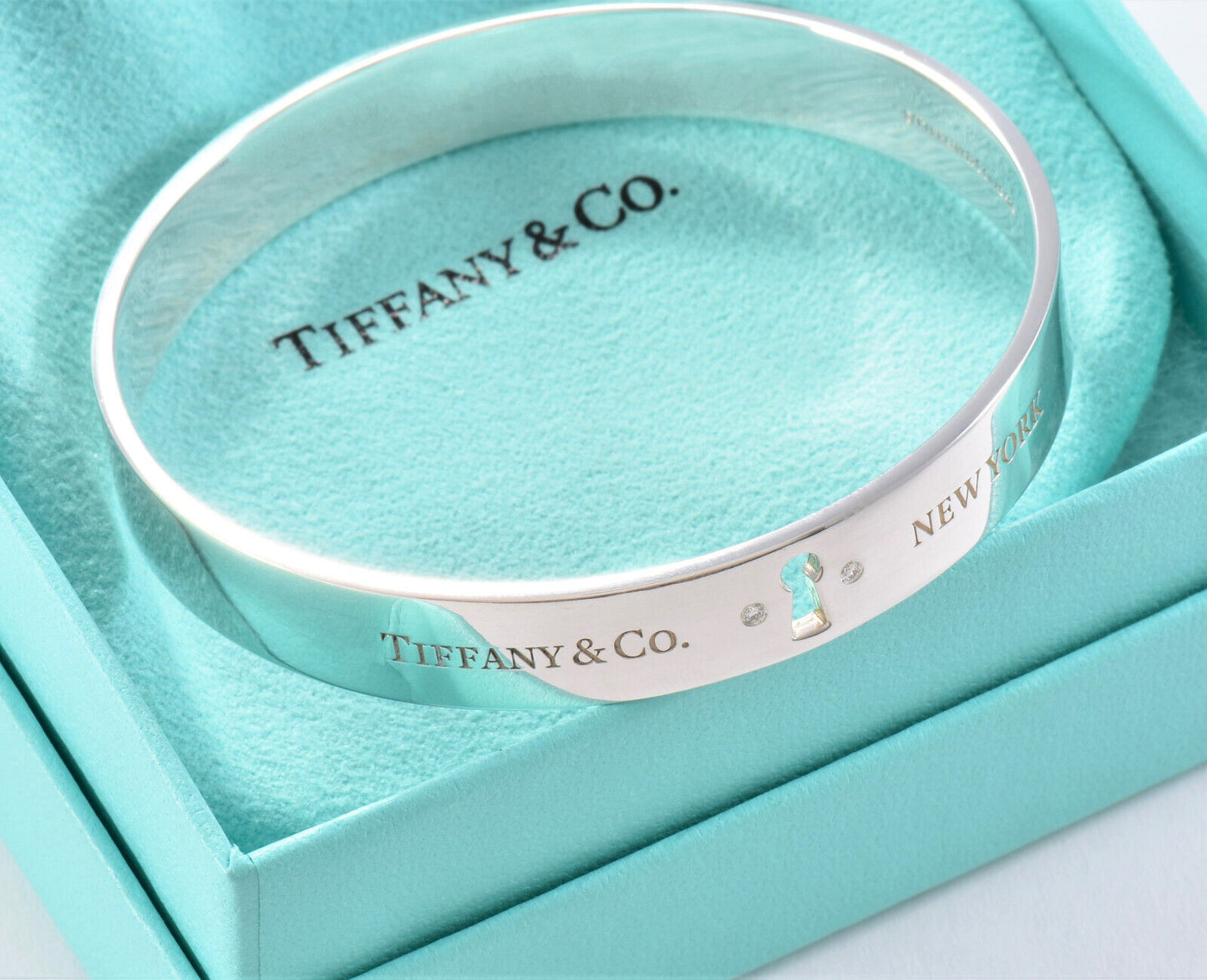 Tiffany & Co Diamond Silver Keyhole Lock Bangle Bracelet & Box Pouch Ribbon Rare