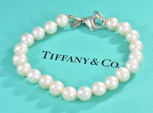 Tiffany & Co Sterling Silver 8mm Pearl Bead Bracelet 7.9" in Box Pouch Ribbon