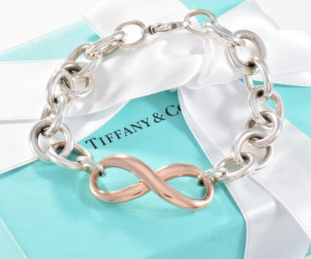 Heavy 7.75" Tiffany & Co Rubedo Gold Metal Silver Infinity Large Chain Bracelet