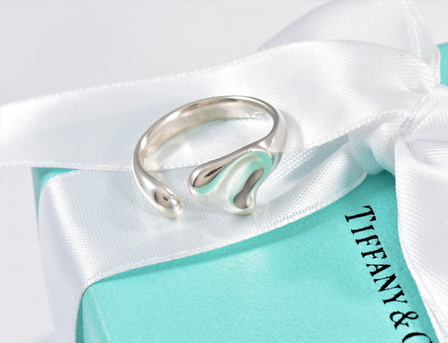 Size 7.5 Tiffany & Co Sterling Silver Elsa Peretti Full Heart Bypass Ring Pouch