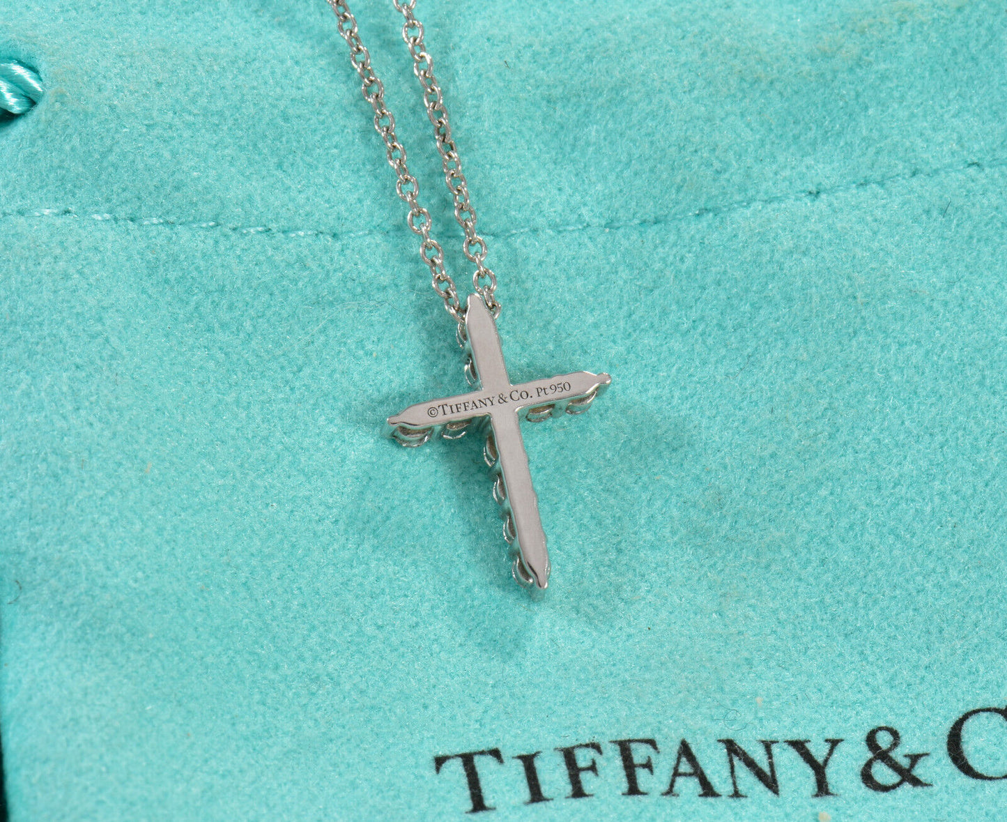 Tiffany & Co .21ct Diamond Platinum Cross Pendant 16.25" Necklace in Box Pouch