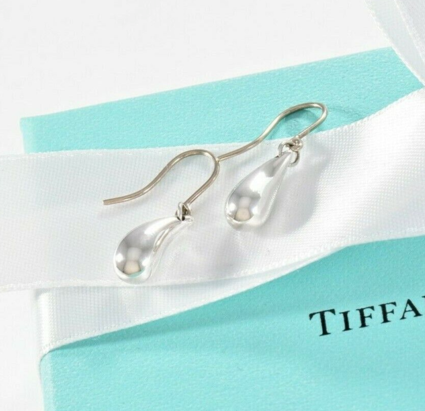 Tiffany & Co Silver Elsa Peretti Dangling Teardrop Hook Earrings in Box Pouch