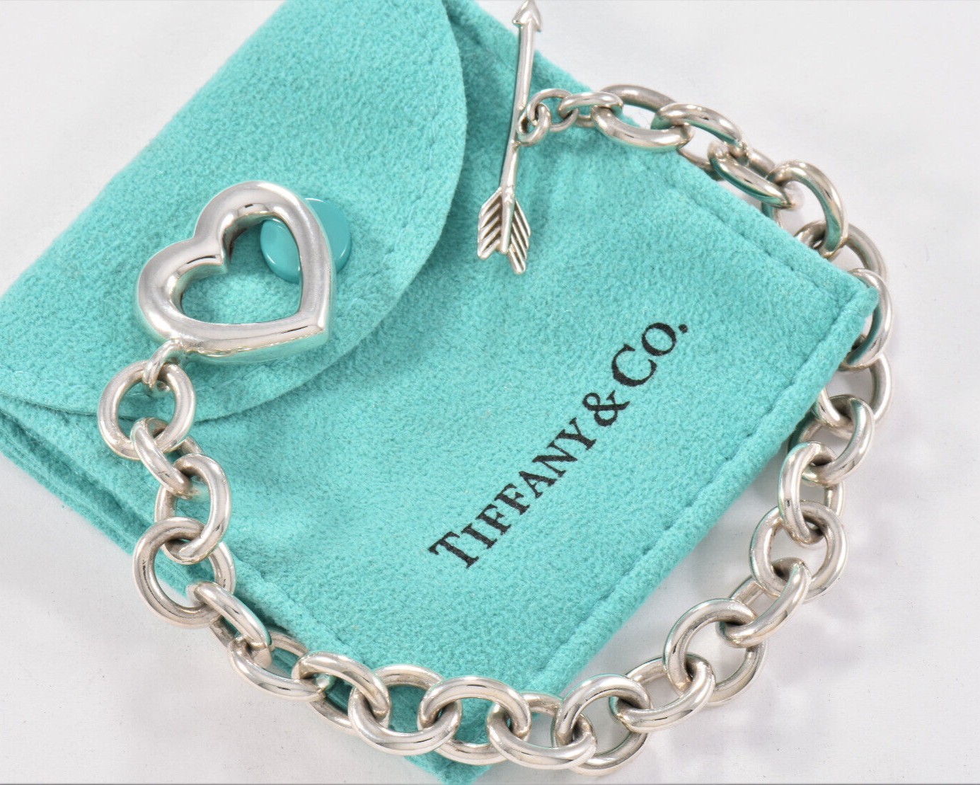 Vintage Tiffany & Co Sterling Silver Heart Arrow Toggle Chain Bracelet in Pouch