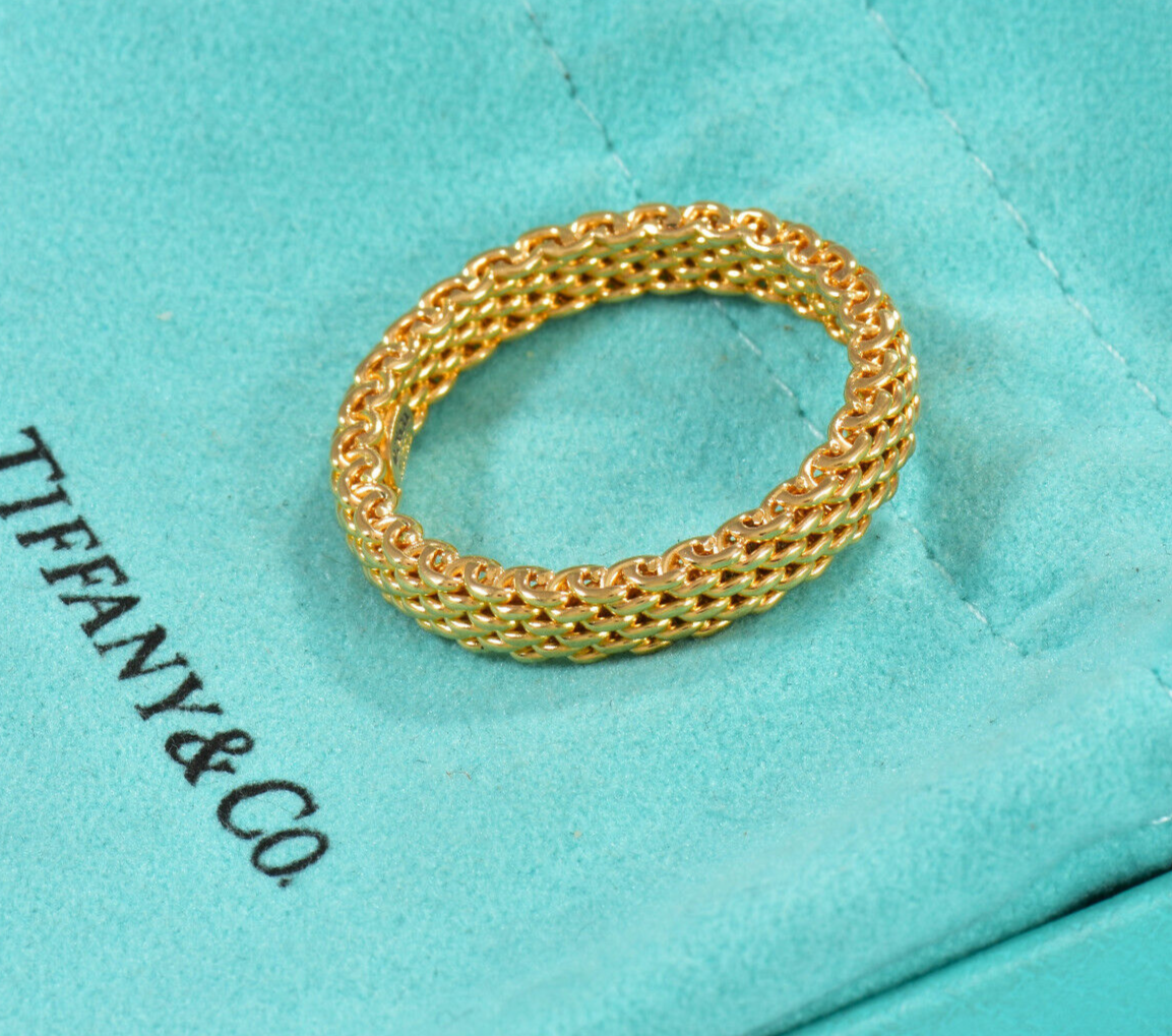 Size 9 Tiffany & Co Somerset 18K Yellow Gold 4mm Narrow Mesh Ring in Box Pouch