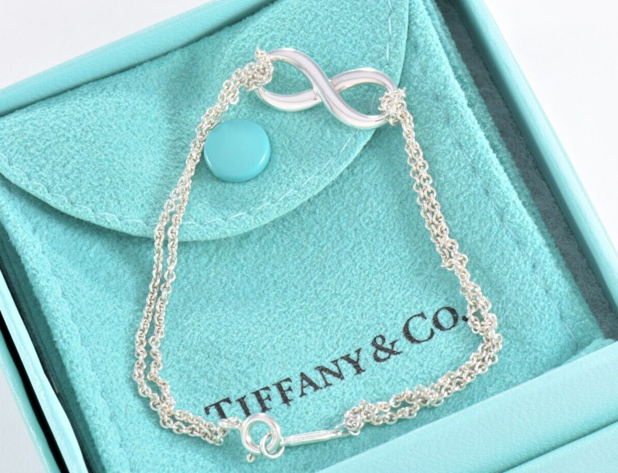 Tiffany & Co Sterling Silver Double Chain Infinity Bracelet 6.35" in Pouch Love