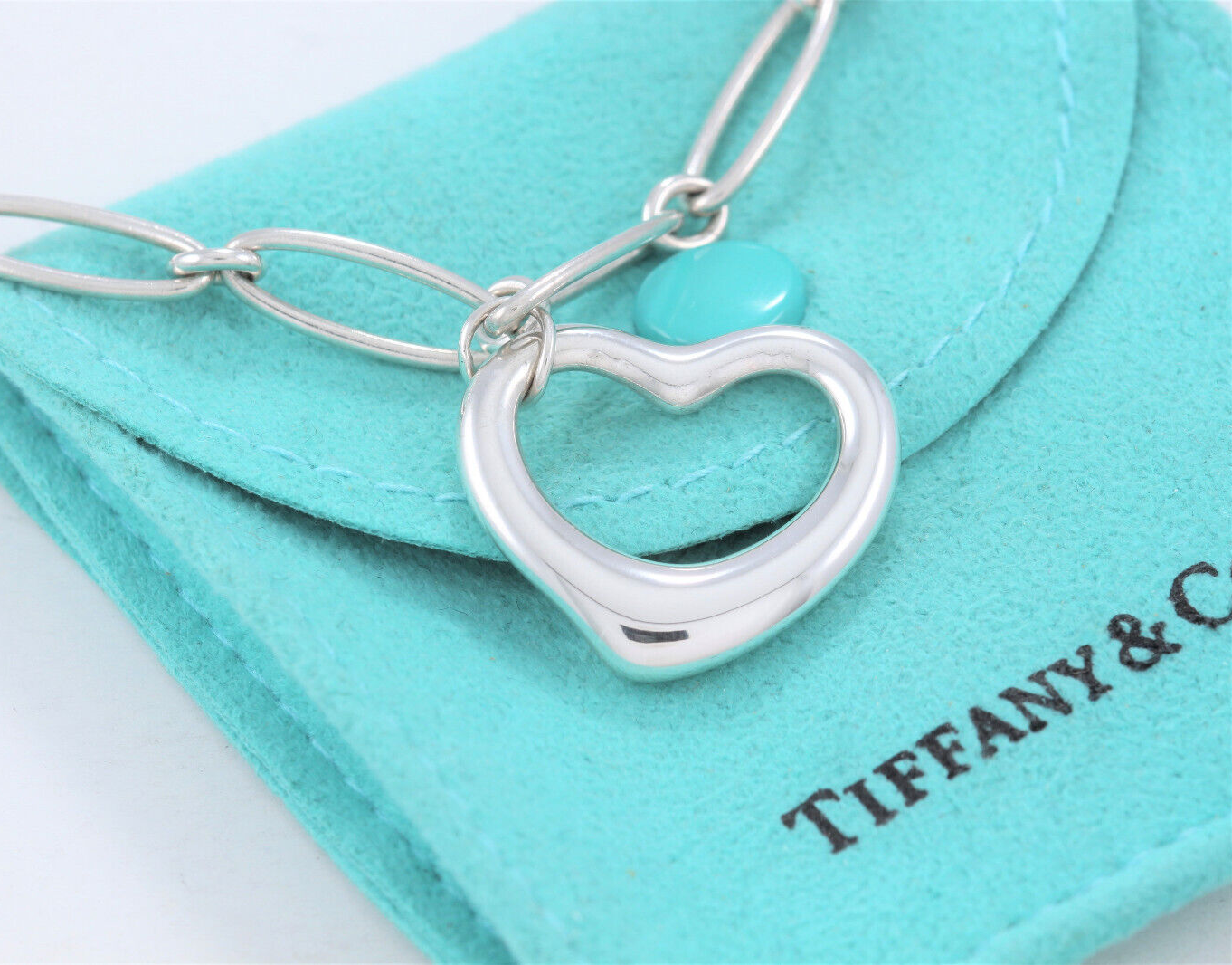 7.5" Tiffany & Co Elsa Peretti Silver Open Heart Oval Link Chain Bracelet Pouch