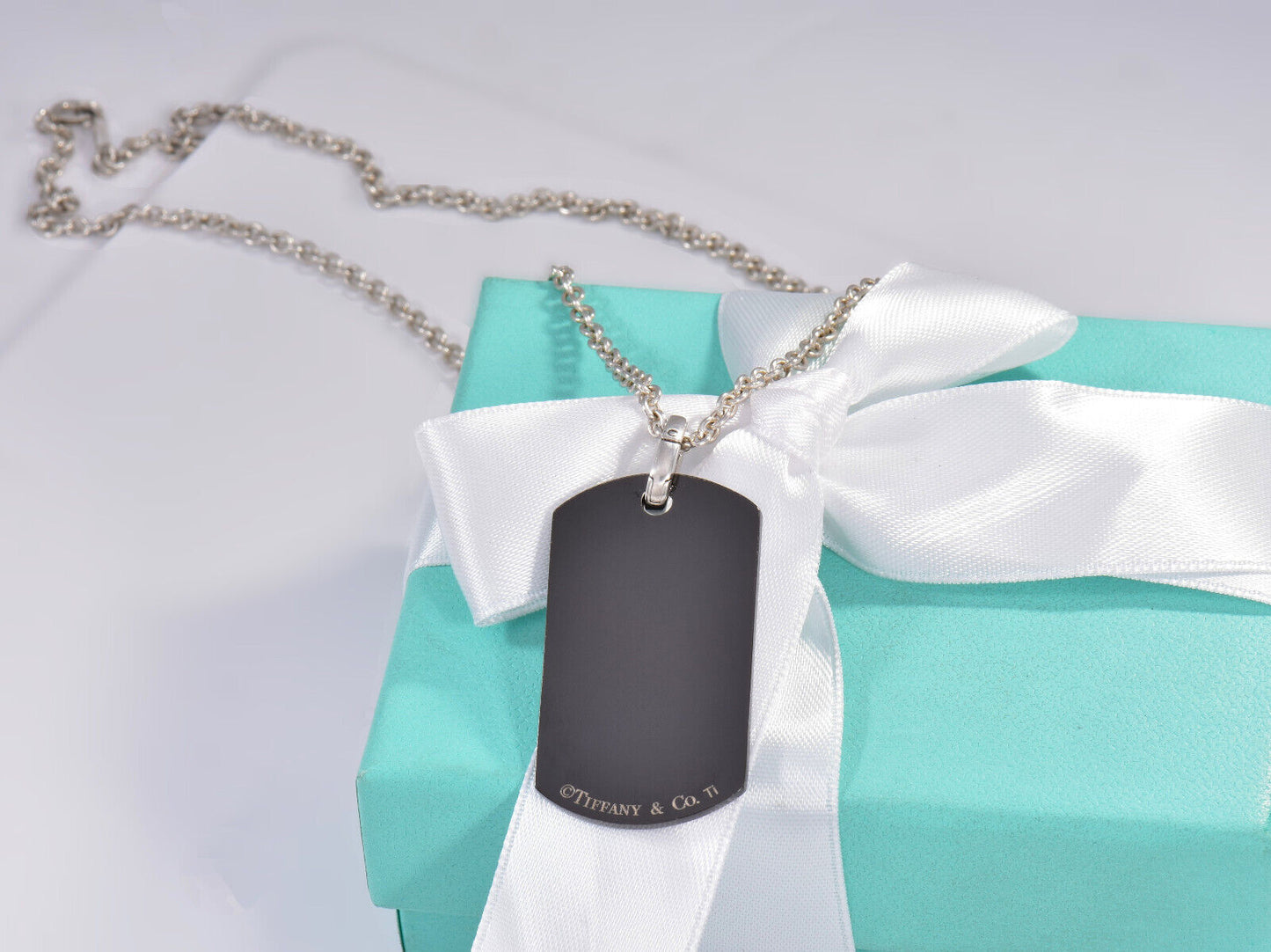 24" Tiffany & Co Silver Titanium Large DogTag Pendant Necklace in Box Pouch Men