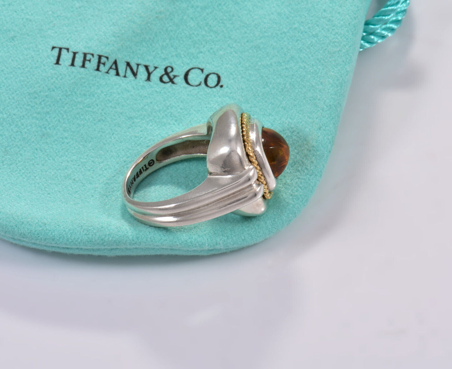 Tiffany & Co Gold Silver Rope Citrine Orange Quartz Cocktail Ring in Pouch Sugar