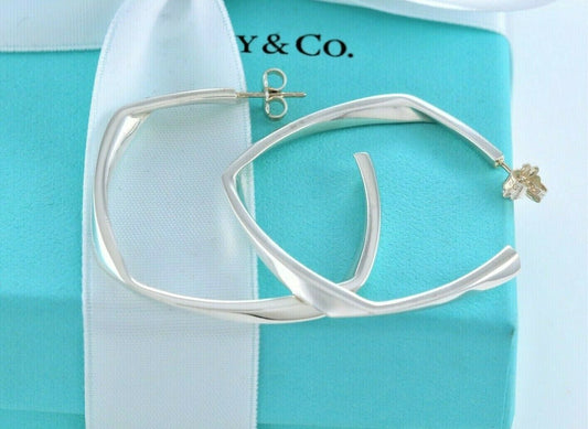 Tiffany & Co Frank Gehry Silver Torque Square Hoop 1.5" Earrings and Box Pouch