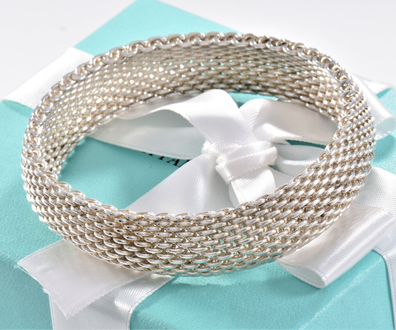 7.5” Tiffany & Co Silver Somerset Mesh Dome Bangle Bracelet in Box Pouch Ribbon