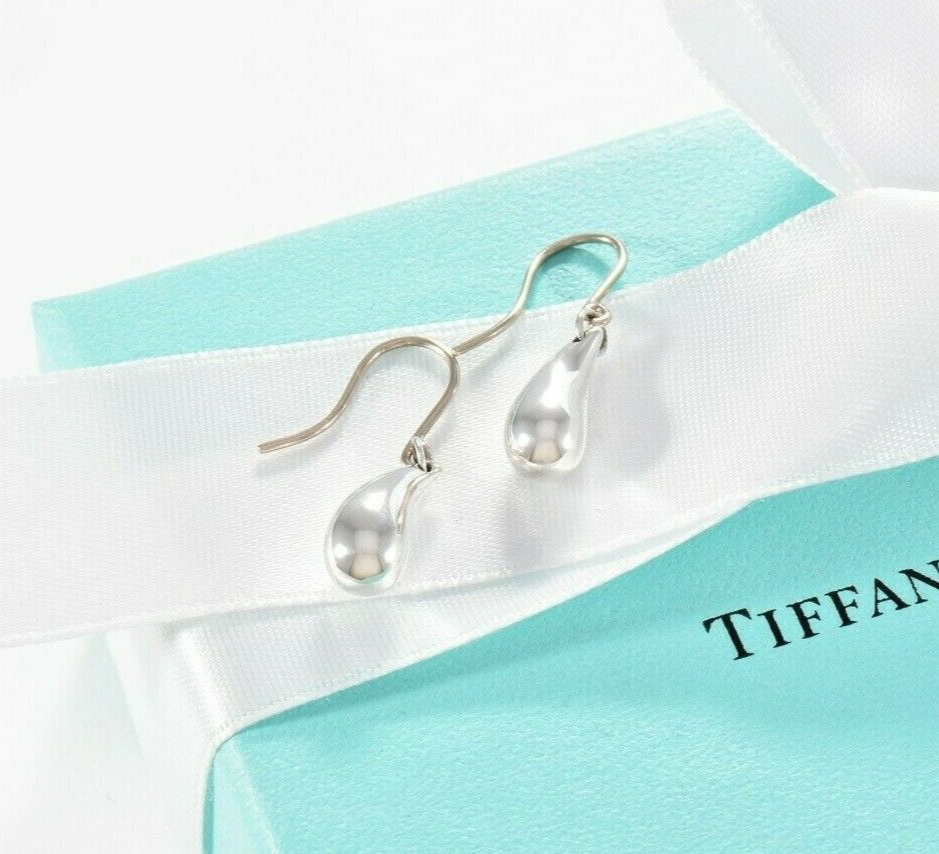 Tiffany & Co Silver Elsa Peretti Dangling Teardrop Hook Earrings in Box Pouch