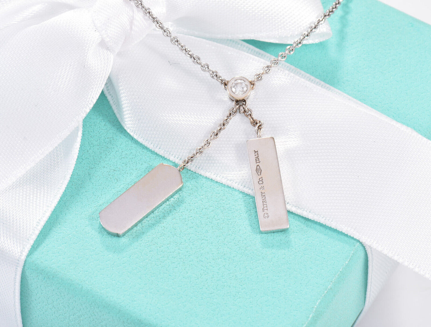 Tiffany & Co Diamond 18K White Gold Logo Doube Bar Two Pendant Necklace in Box